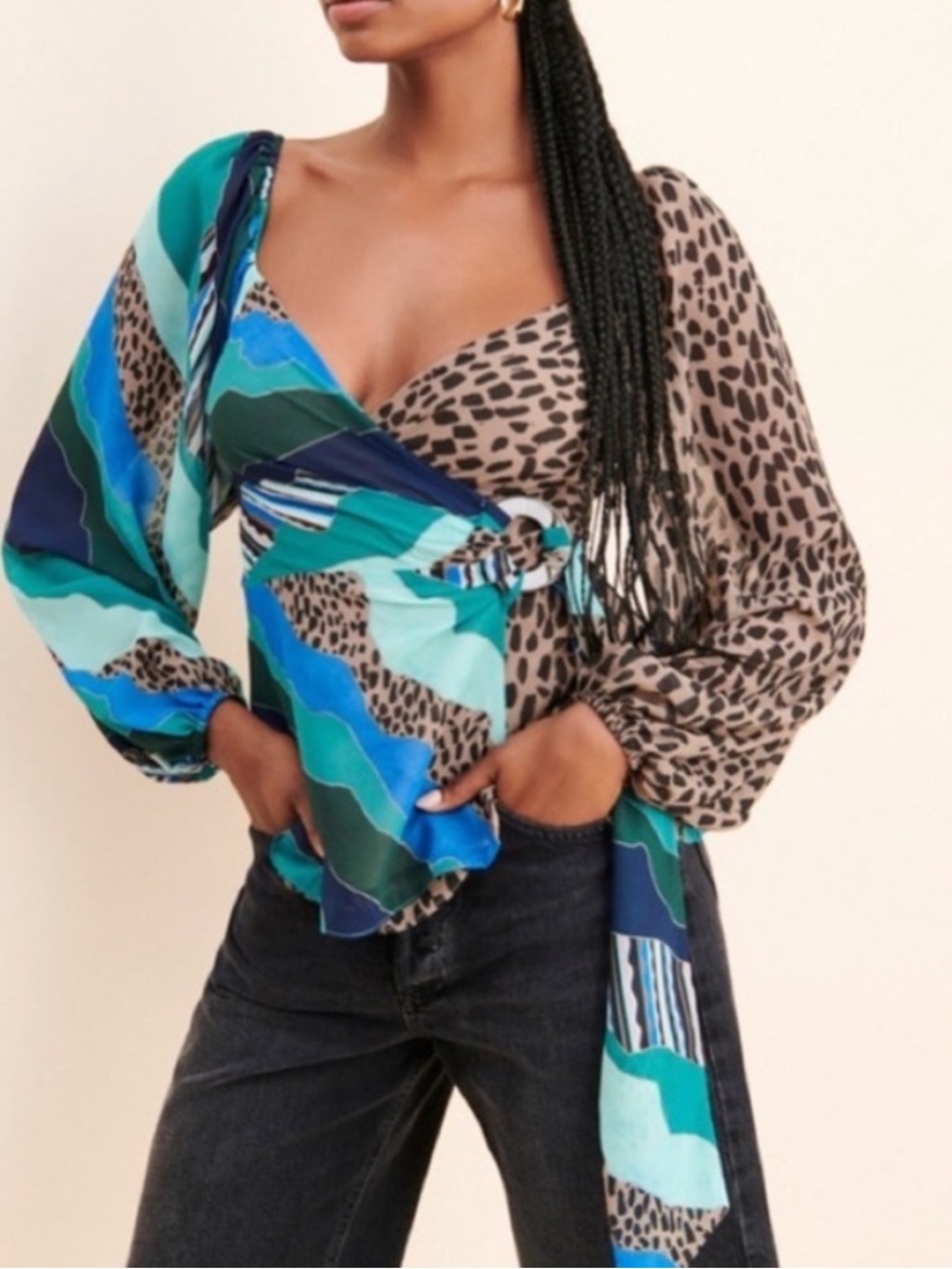 Hutch Wrap Blouse Womens S Blue Brown NWT Abstract Leopard Print Long Sleeve